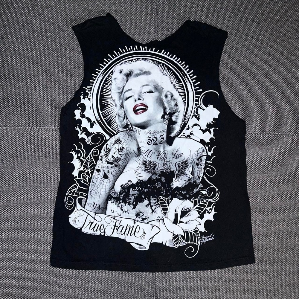 Marilyn Monroe Tattoo Grunge Black Cutoff T Shirt Mens Small